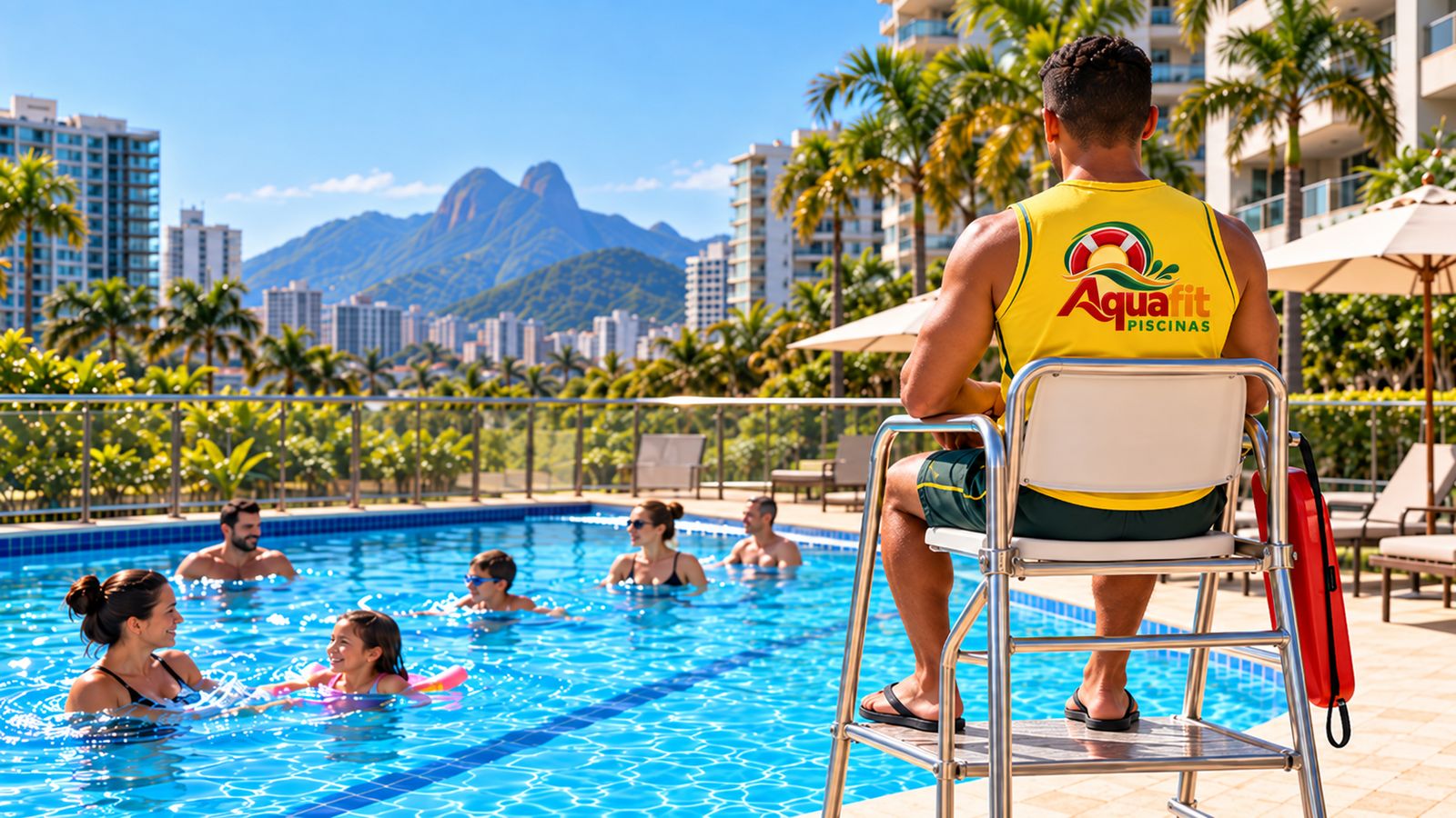 Guardião da Aquafit em cadeira de observação ao lado da piscina